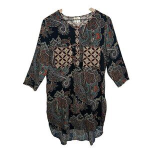 Anthropologie Fig & Flower Top Womens Sz Medium Black Artsy Boho Tunic Floral